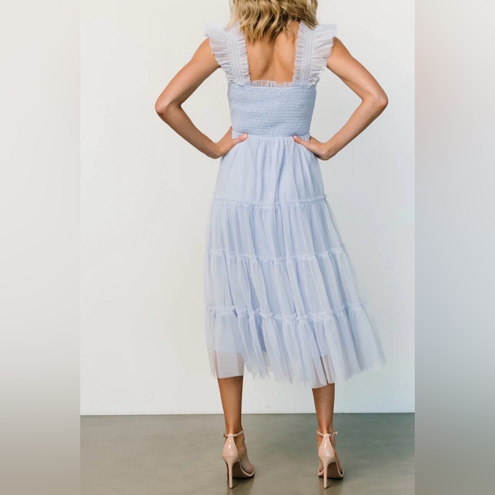 Baltic born Smocked Bodice Tiered Midi Dress in Light Blue large - Picture 2 of 3